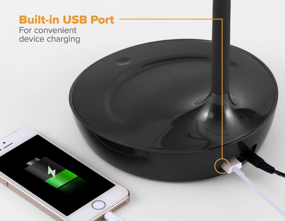 Bostitch Gooseneck LED Desk Lamp KT-VLED1502-BLK, Dimmable, Black, with USB Charging Port, Plastic, Ideal for Home Office