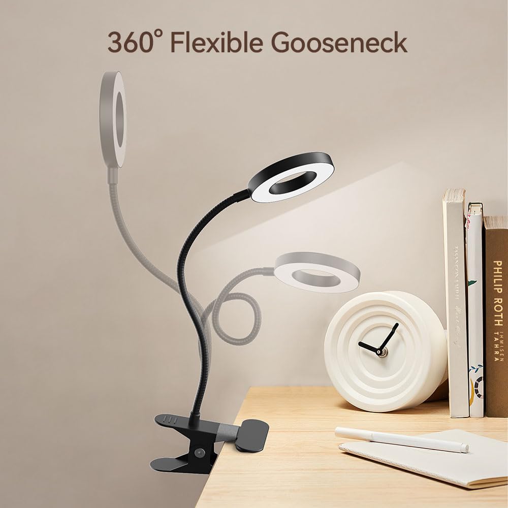 Garmese Led Desk Lamp Clip On Light With 3 Color Modes 10 Brightness Ring/Clamp Light 360° Flexible Gooseneck Dimmable Eye Protection Desk Light Desk Lamps For Home Office With Video Tutorials