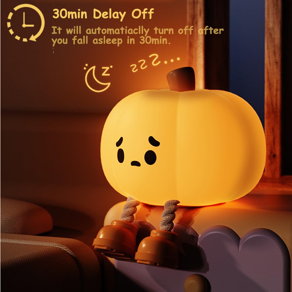 ipalmay Pumpkin Night Light - 30min Auto-Off Kids Toddler Nursery Bedside Nightlight, 3 Light Brightness Night Lamp for Bedroom