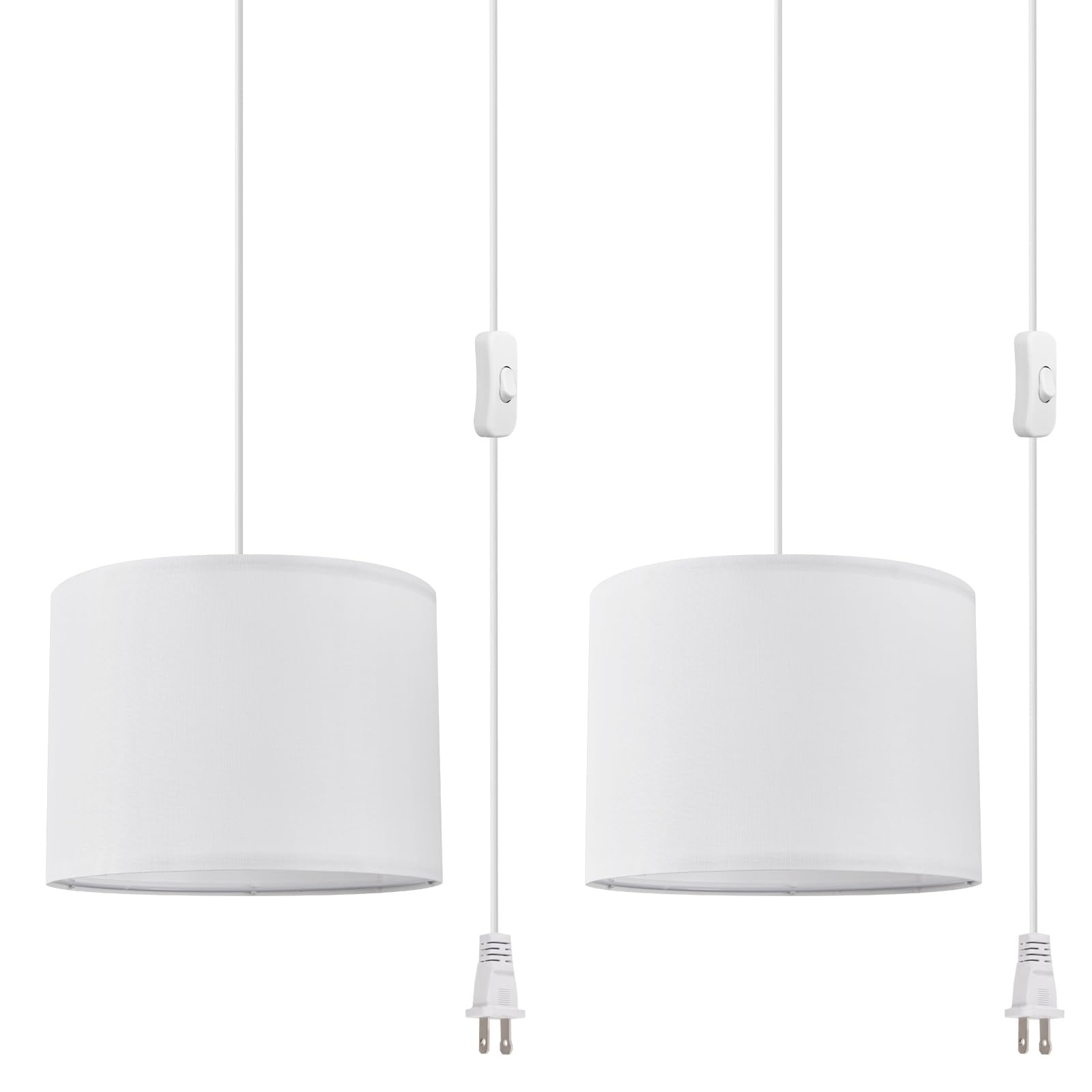 Cckzqyr 2 Pack Plug In Pendant Light, 15 Ft Hanging Lamp With Plug In Cord, On/Off Switch, White Fabric Lamp Shade, Hanging Ligh
