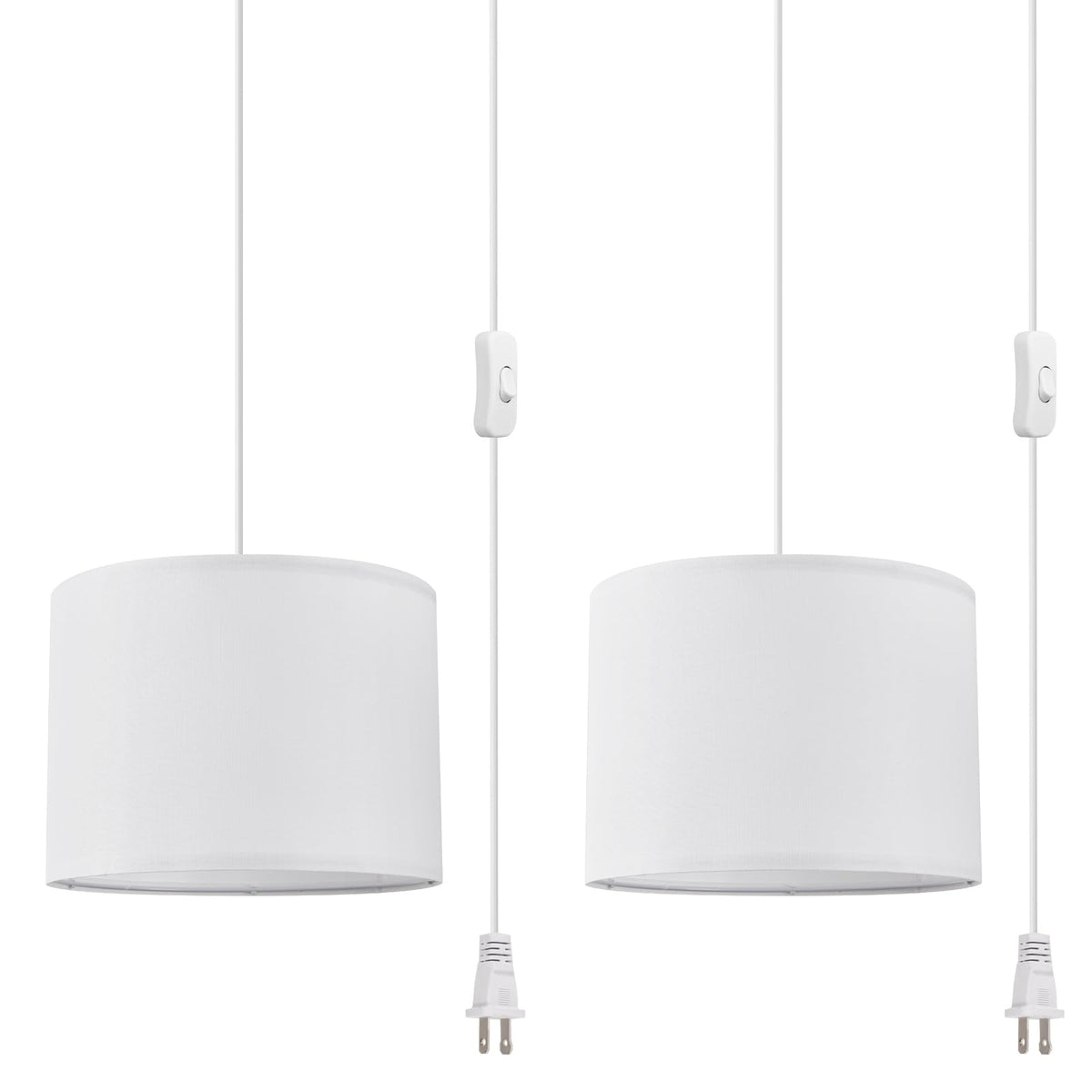 Cckzqyr 2 Pack Plug In Pendant Light, 15 Ft Hanging Lamp With Plug In Cord, On/Off Switch, White Fabric Lamp Shade, Hanging Ligh