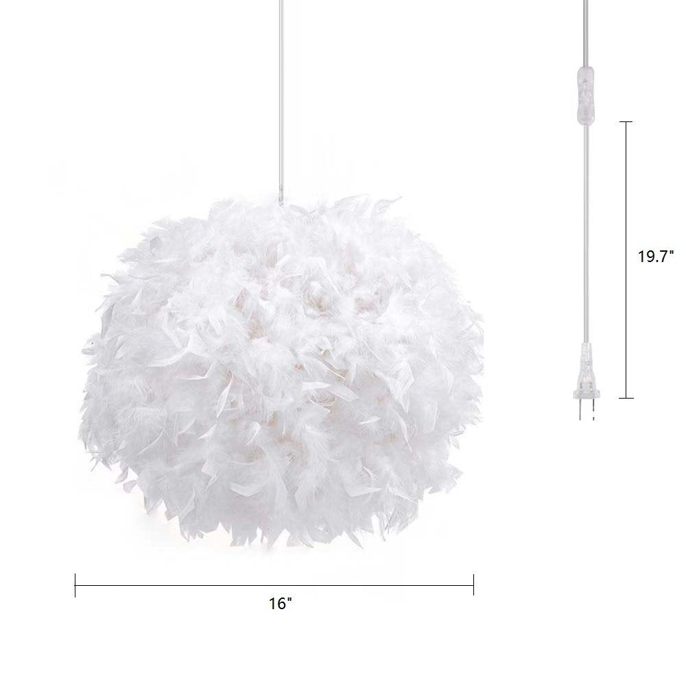 Surpars House Plug-in Pendant Light White Feather Chandelier with 14.8 Cord and On/Off Switch