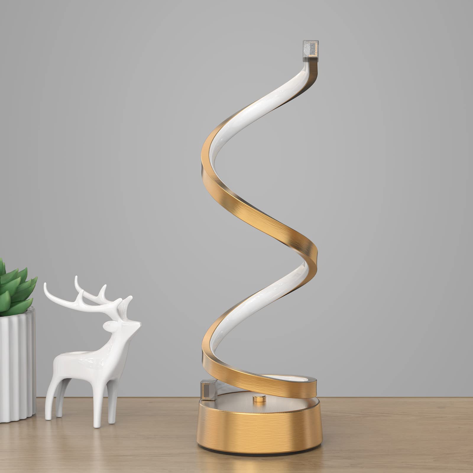 Nuür Gold Infinity Spiral Led Table Lamp, Dimmable Metallic Bedside Lamp With Touch Controller, 3 Colour Temperature, 15.8 Inch Height, Decorative Lamp For Home, Living Room & Office