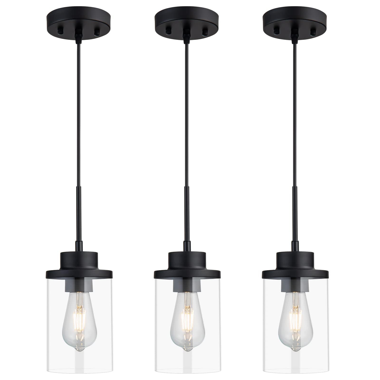 DALIVOL Modern Black Farmhouse Clear Glass Cylinder Pendant Light Fixture, Single Hanging Pendant Lighting for Kitchen Island, D