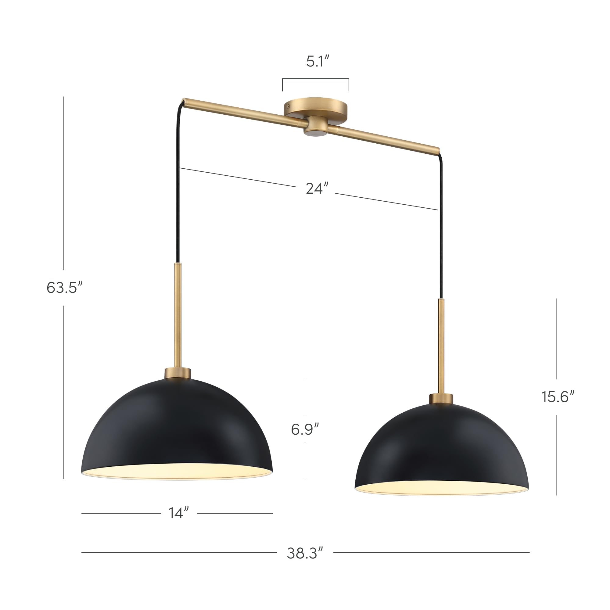 Nathan James Percy 2-Light Pendant Island Light Fixture, Metal Shade, Adjustable Cord, Set of 2, Black/Vintage Brass, Model 12303-2