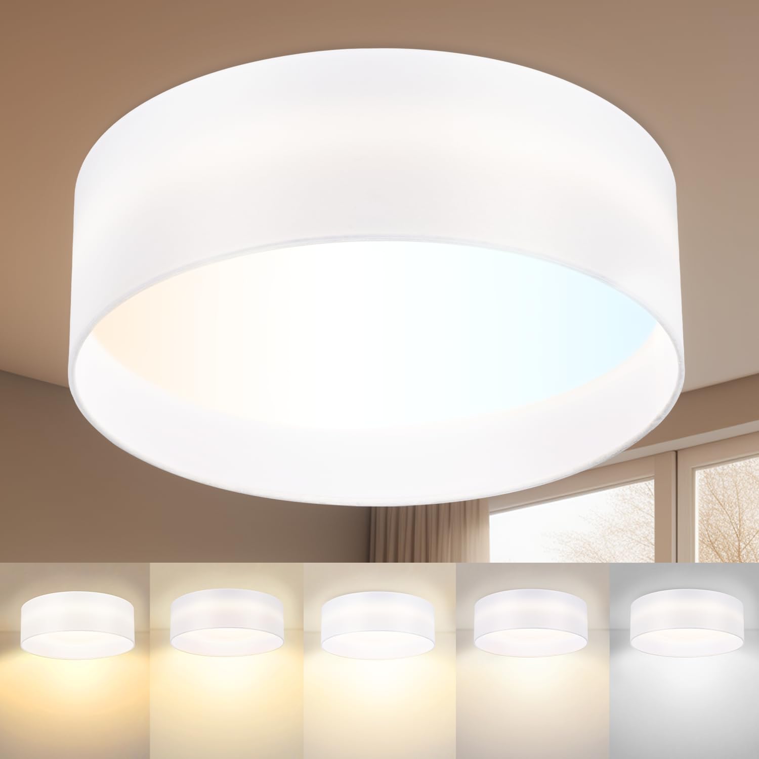 Hamilyeah Flush Mount Ceiling Light with White Fabric Shade, 24W LED Ceiling Light Fixture 12 inch, Modern Bedroom Light Fixture