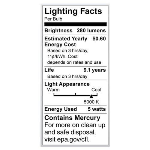 Satco S7263 5-Watt Medium Base T2 Mini Spiral, 5000K, 120V, Equivalent To 30-Watt Incandescent Lamp For Enclosed Fixtures, White