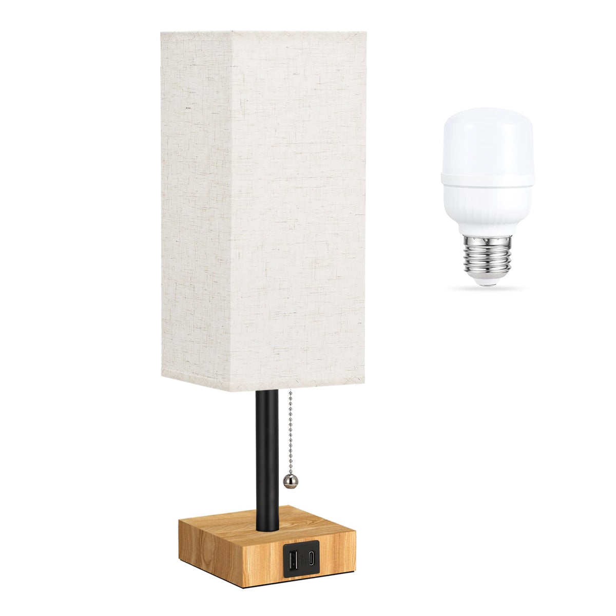 aooshine Beige Small Table Lamp for Bedroom - 3 Color Temperature 3000K 5000K 4000K Bedside Lamp, Pull Chain Control, USB A and C Ports, Wood-Grain Base, Bulb Included
