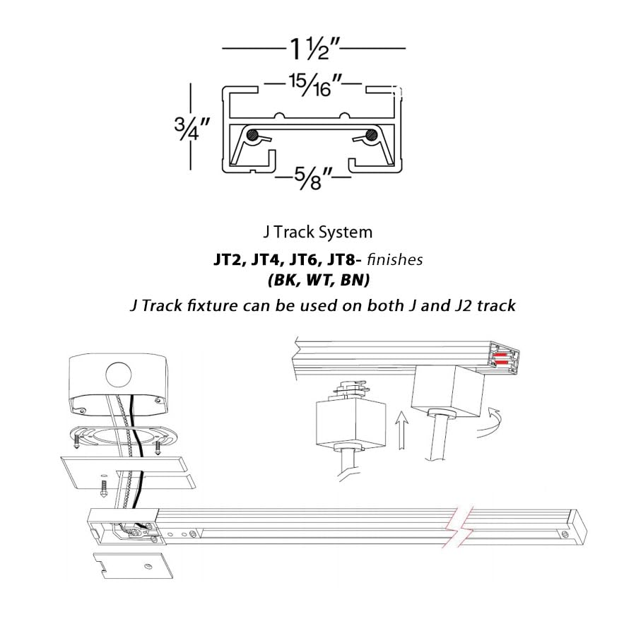 WAC Lighting J Track 8FT Single Circuit Field Cuttable 120V Track for J Style 2-Wire Track Fixtures with 2 Endcaps in Black