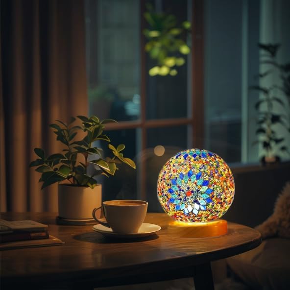 Haidoliang Turkish Table Lamp (D:4.7" X H:5.2"),Mosaic Glass Lamps With Wooden Base, Bohemian Tiffany Bedside Lamps, Usb Power Moroccan Lantern For Living Room Decorations (Boho - Blue, Boho)