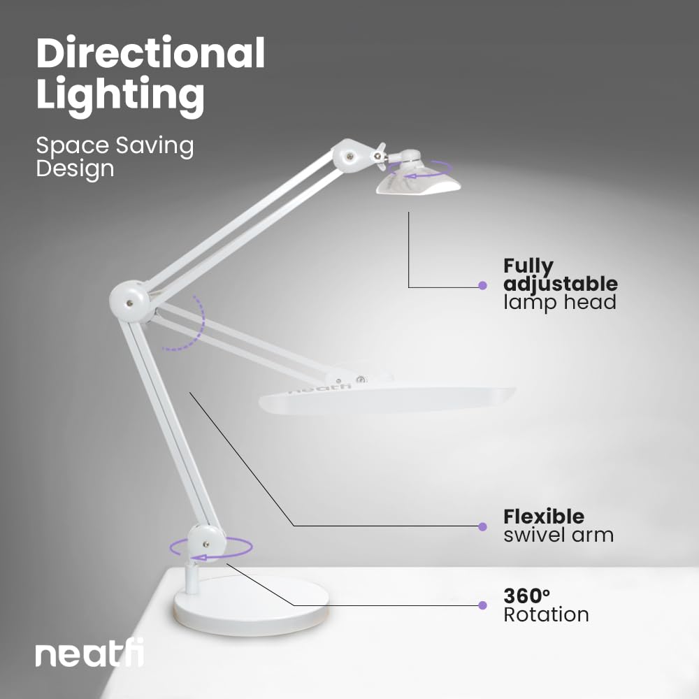 Neatfi XL LED Task Lamp, 2200 Lumens, 24W, Dimmable, 4 Level Brightness, White, Model 9501LED-TS1-AH