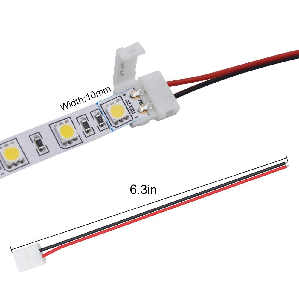 Lightingwill 10Pcs Strip Wire Connectors, 2Pin 10Mm, Solderless Snap Down For 10Mm Wide 5050/5630 Led Strips, Pigtail Connect