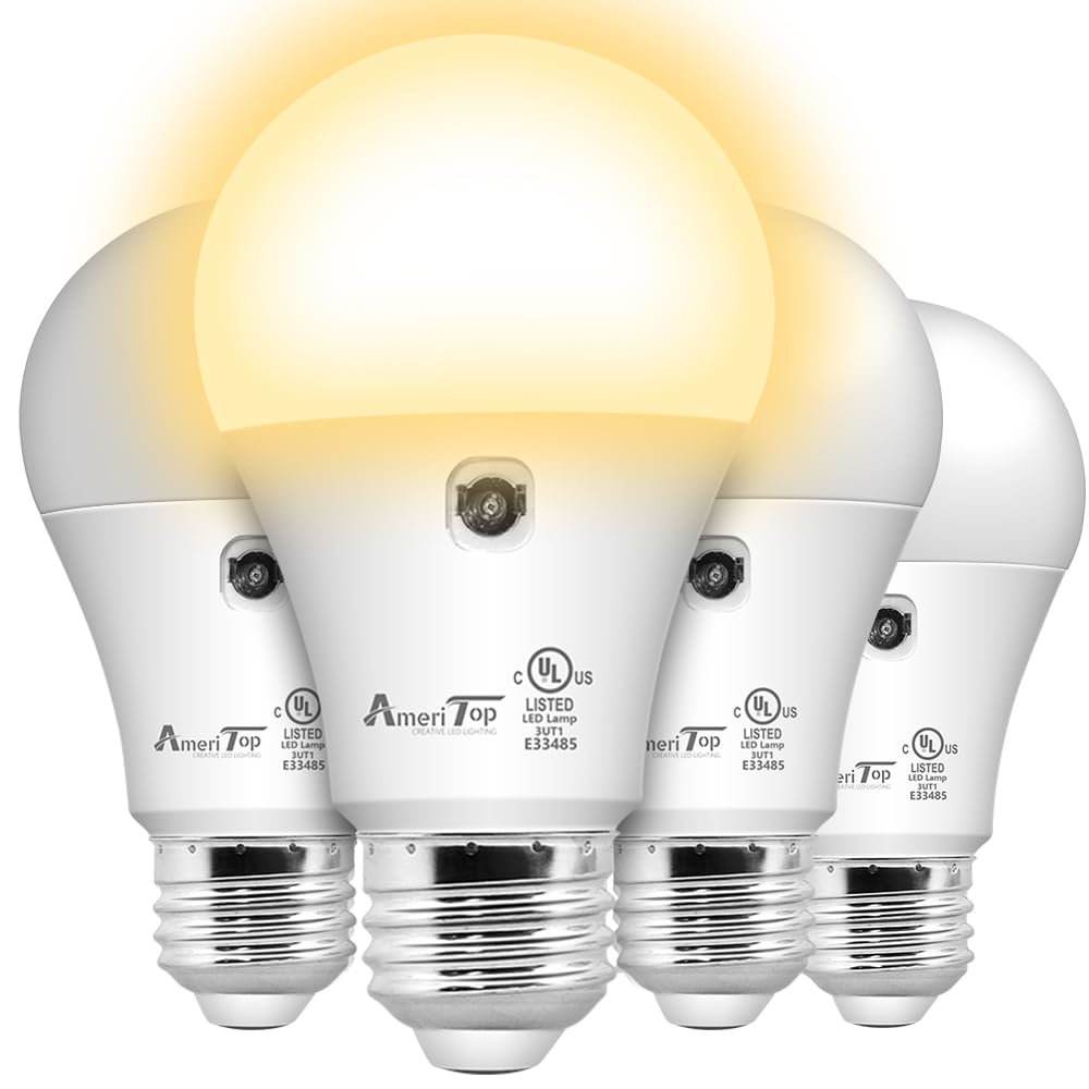 AmeriTop Dusk to Dawn Light Bulb- 4 Pack, A19 LED Sensor Light Bulbs; UL Listed, Automatic On/Off, 800 Lumen, 10W(60 Watt Equivalent), E26 Base, Indoor/Outdoor Lighting Bulb (3000K Warm White)
