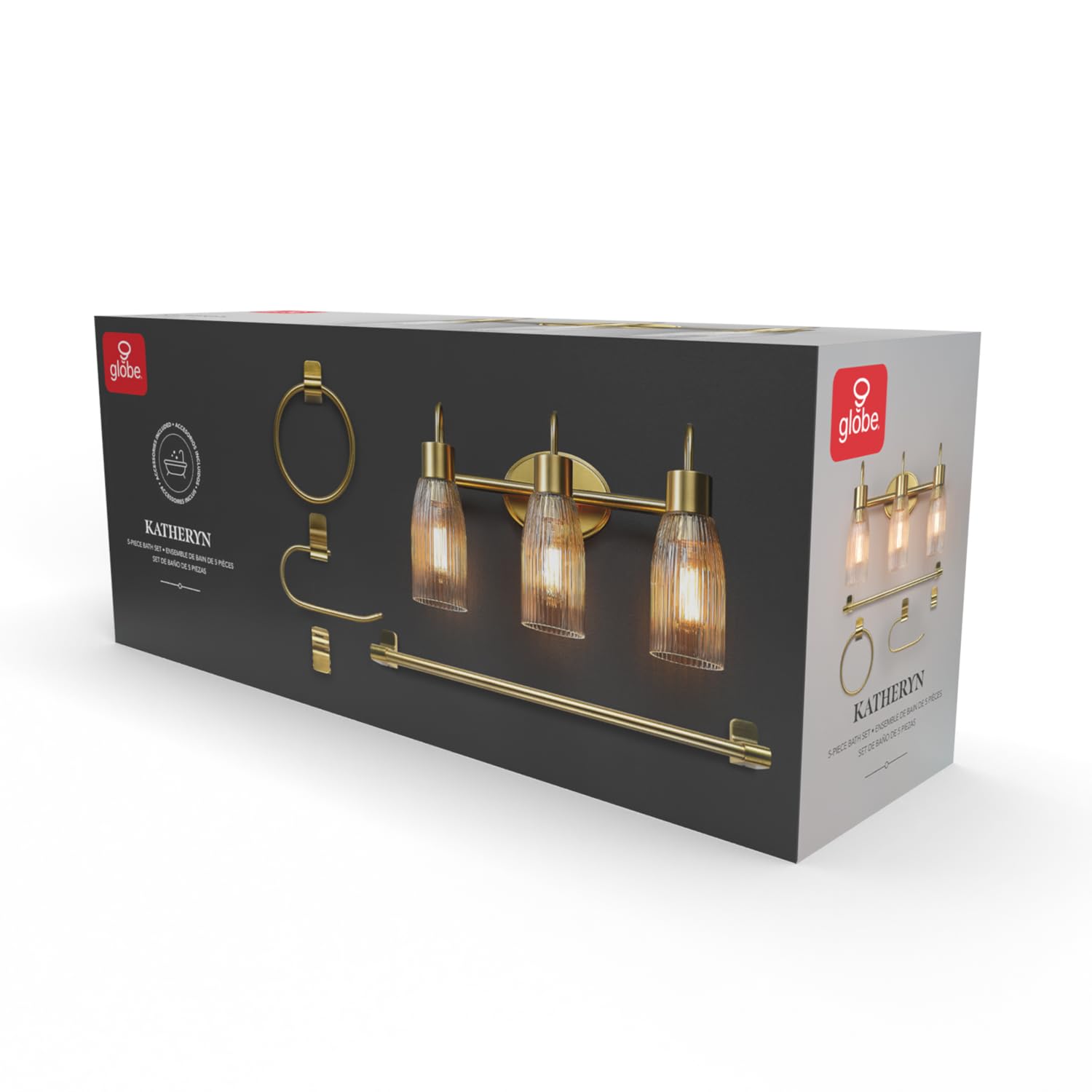 Globe Electric 63000208 5-Piece All-In-One Bathroom Accessory Set With 19'' 3-Light Vanity Light, Matte Brass, Ribbed Glass Shad