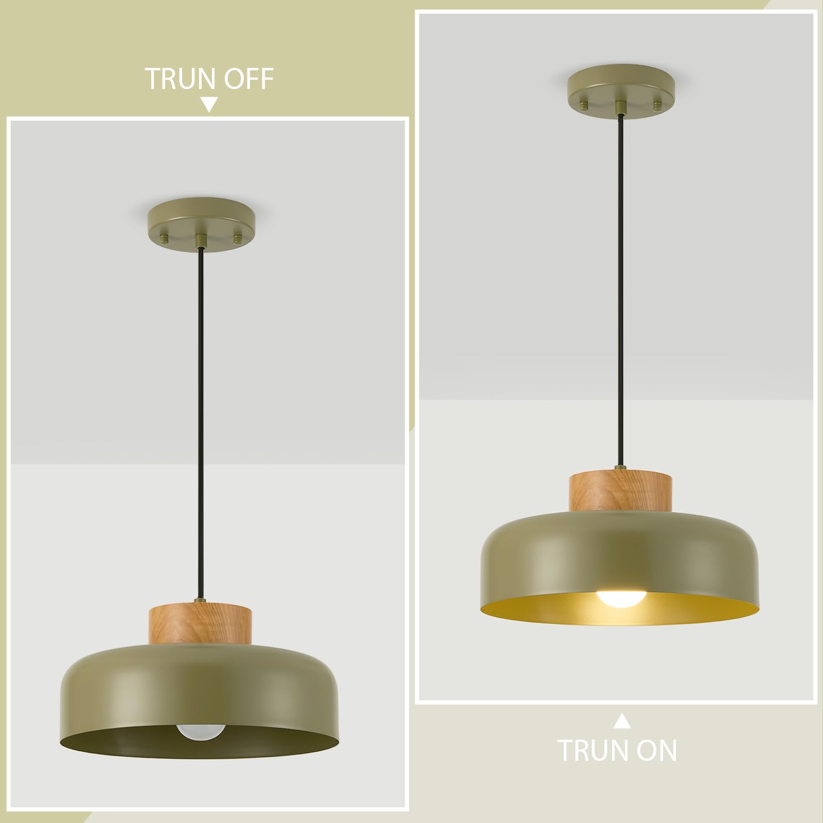 Modern Pendant Lights 12.6 Inch Naturl Wood Adjustable Simple Pendant Lighting For Kitchen  Dining Room  Olive Green