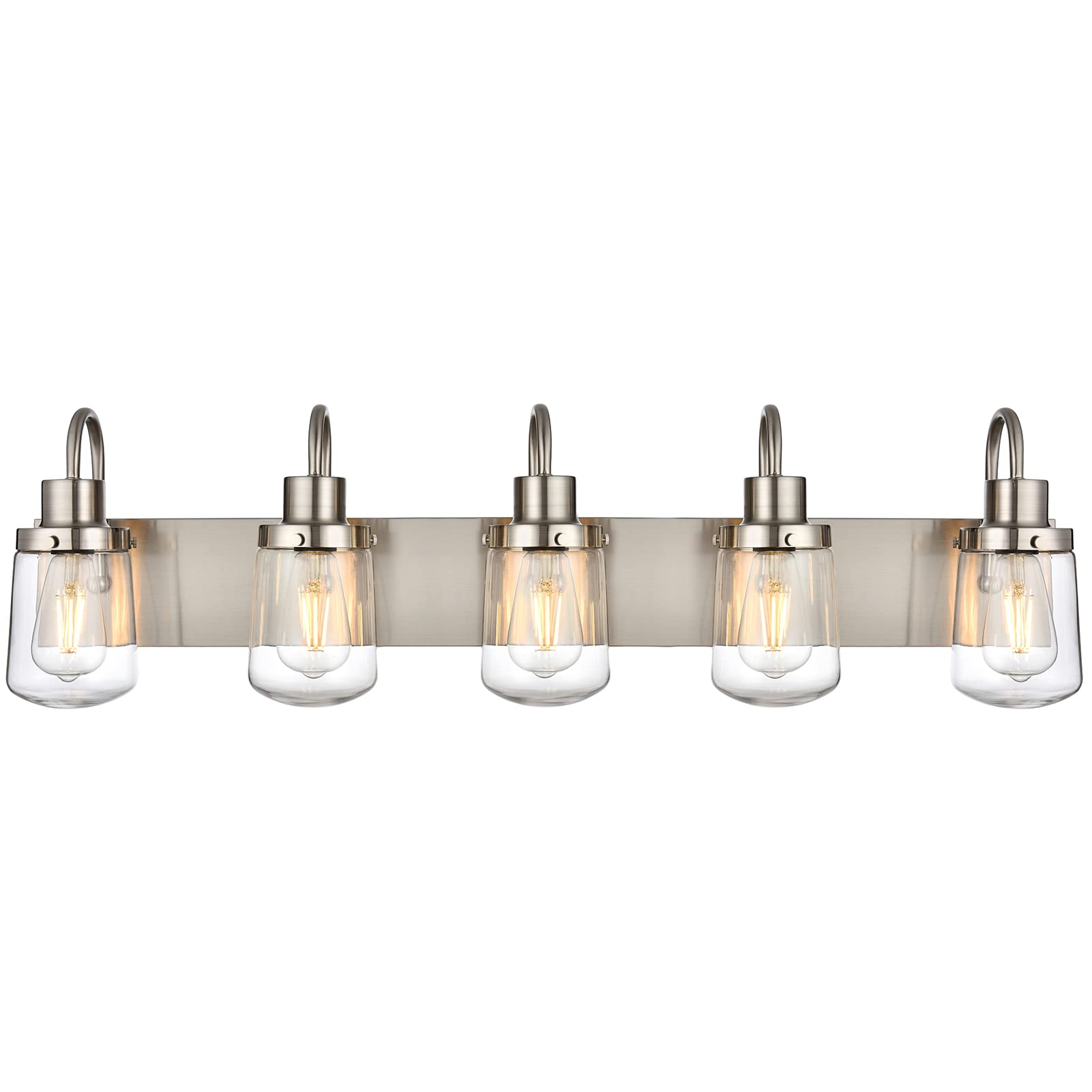 Yaohong 5-Light Modern Bathroom Vanity Light In Satin Nickel With Clear Glass Shades
