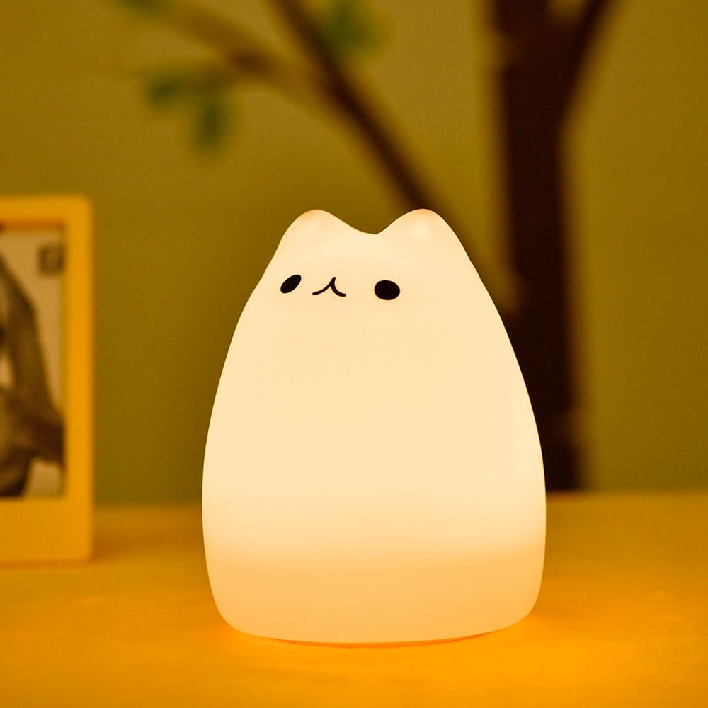 Cat Night Light, USB Rechargeable Silicone Cute Night Light for Kids Baby Children, 7-Color Changing LED Cat Lamp Nursery Nightl