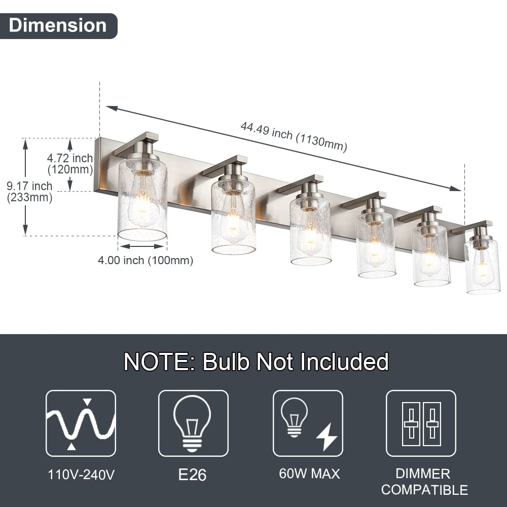 WINSHEN Bathroom Light Fixtures, 6-Lights Vanity Lights, Brushed Nickel, 44.5-Inches, Metal, Model SG-501-6L-SN