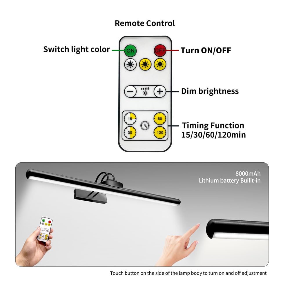 TIAUEU Wireless Picture Light, Rechargeable with Remote, Dimmable, 26in, Nickel, Model CDTY660-YK-5V, 3 Lighting Modes