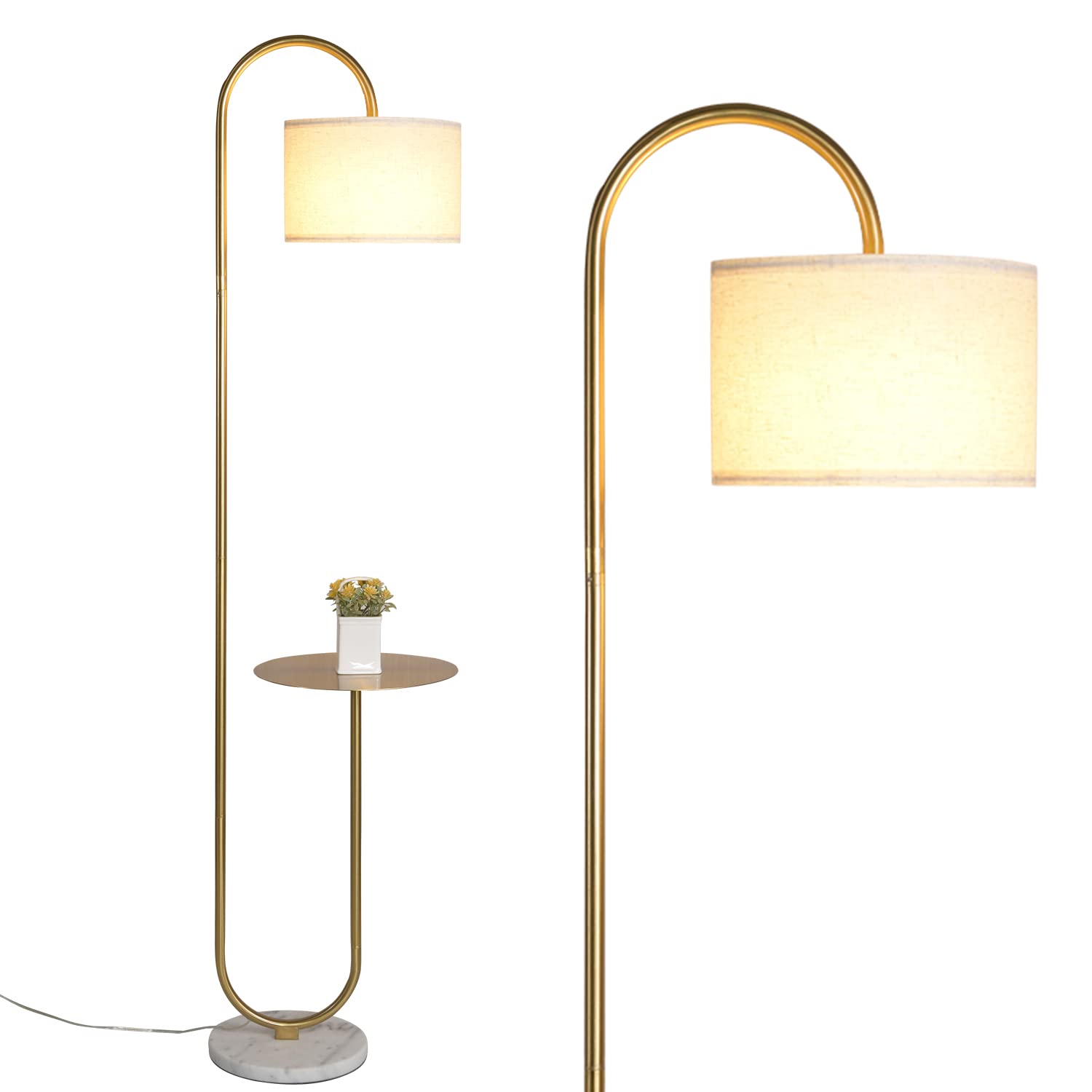 Hsyile KU300271 Arc Floor Lamp with Hanging Drum Shade for Living Room-Marble Base Modern Tall Stand Up Light with Table, Contem