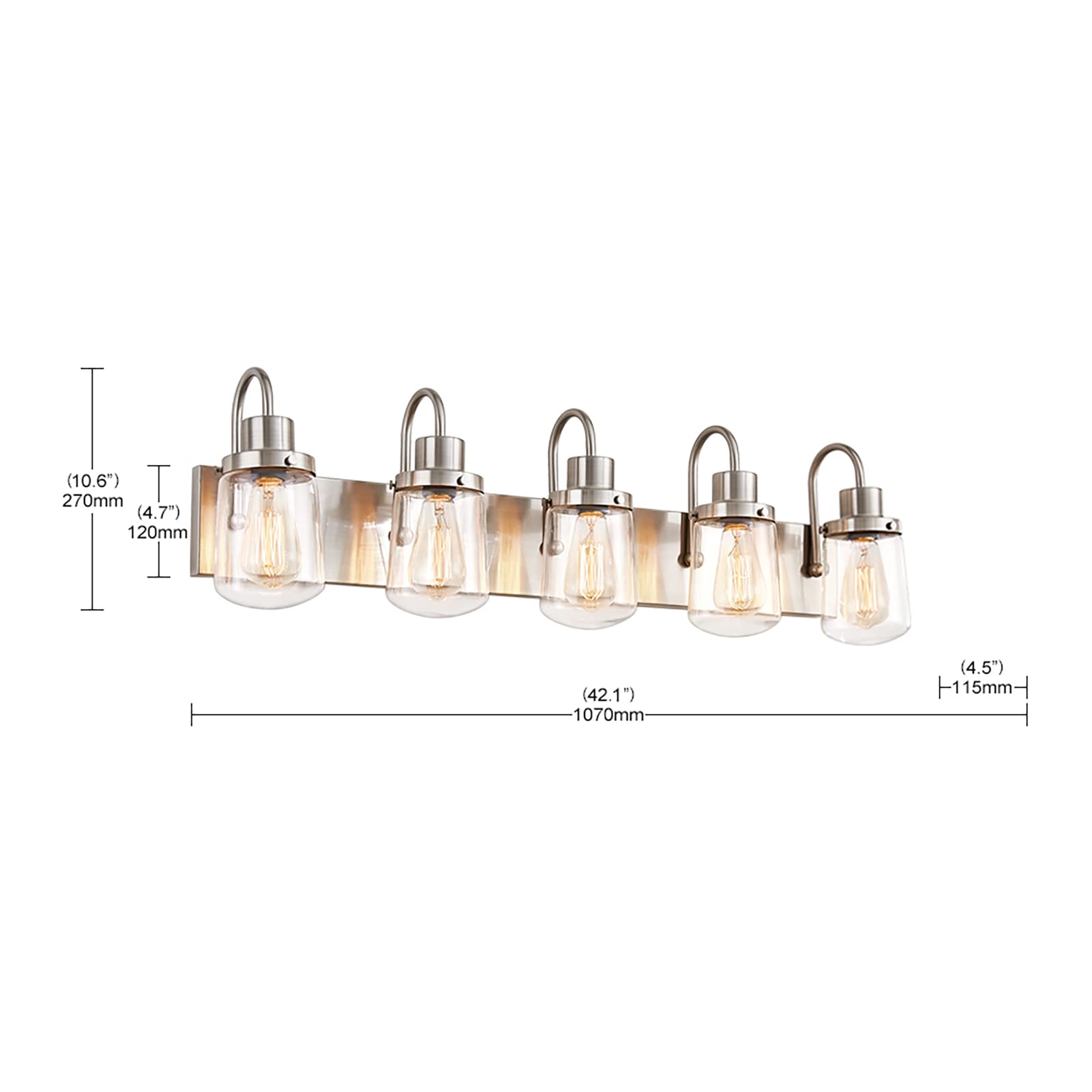 Yaohong 5-Light Modern Bathroom Vanity Light In Satin Nickel With Clear Glass Shades