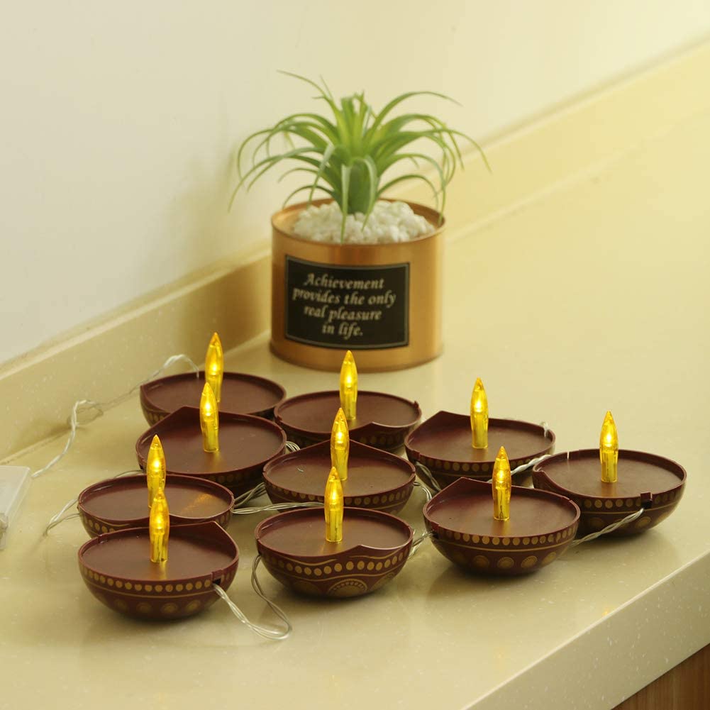 alikiki Diwali Diya String Lights - 10PCS LED Battery Operated Brown Decor for Home, Office, Mandir, Hindu Wedding, Deepawali Gifts