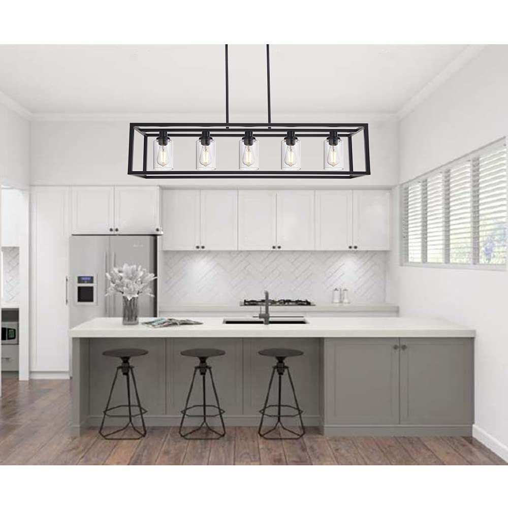 MELUCEE 5-Light Industrial Chandelier, 36.2in Black Metal Pendant Light for Kitchen Island, Farmhouse Style with Clear Glass