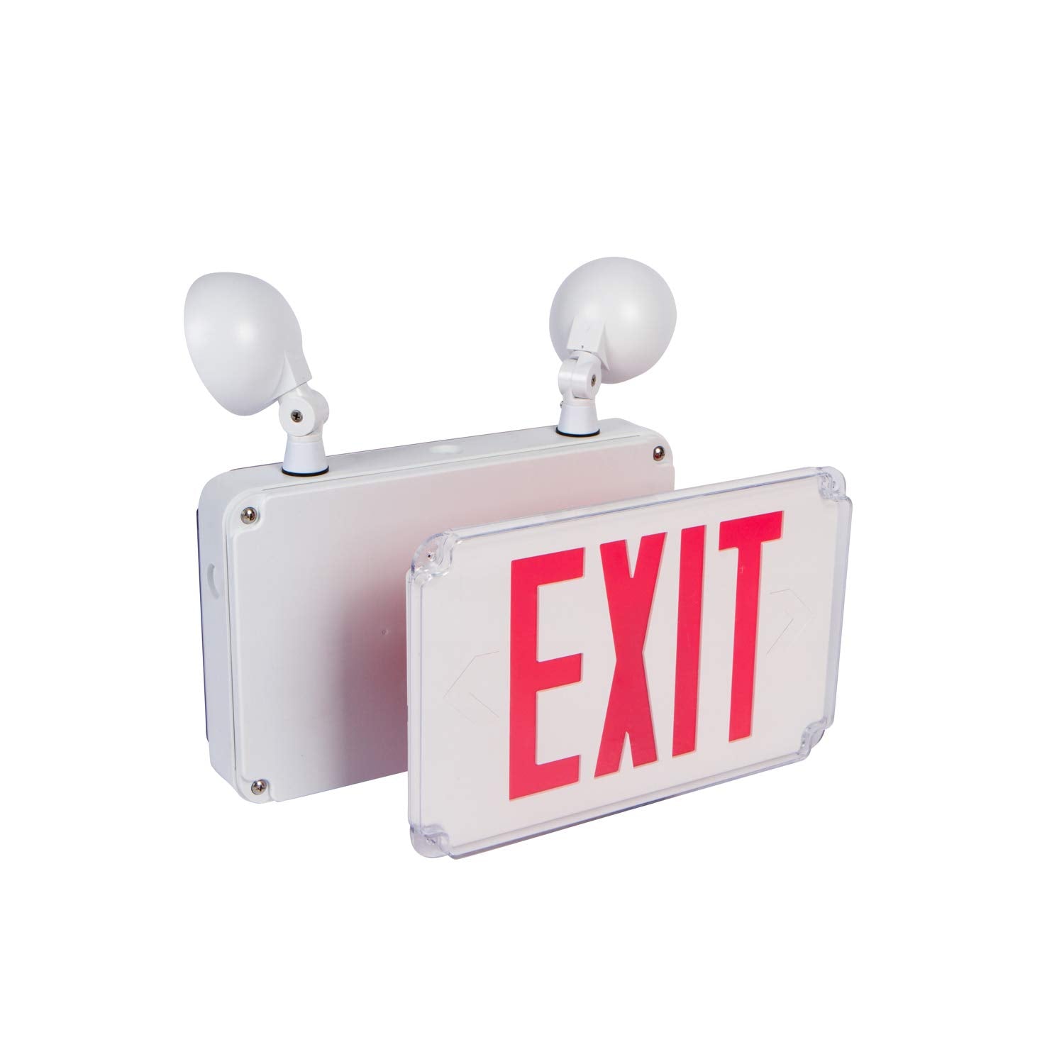 Morris LED Wet Location Combo Exit Sign & Emergency Light, Red Legend, Model 73456, Not Remote Capable, White Housing