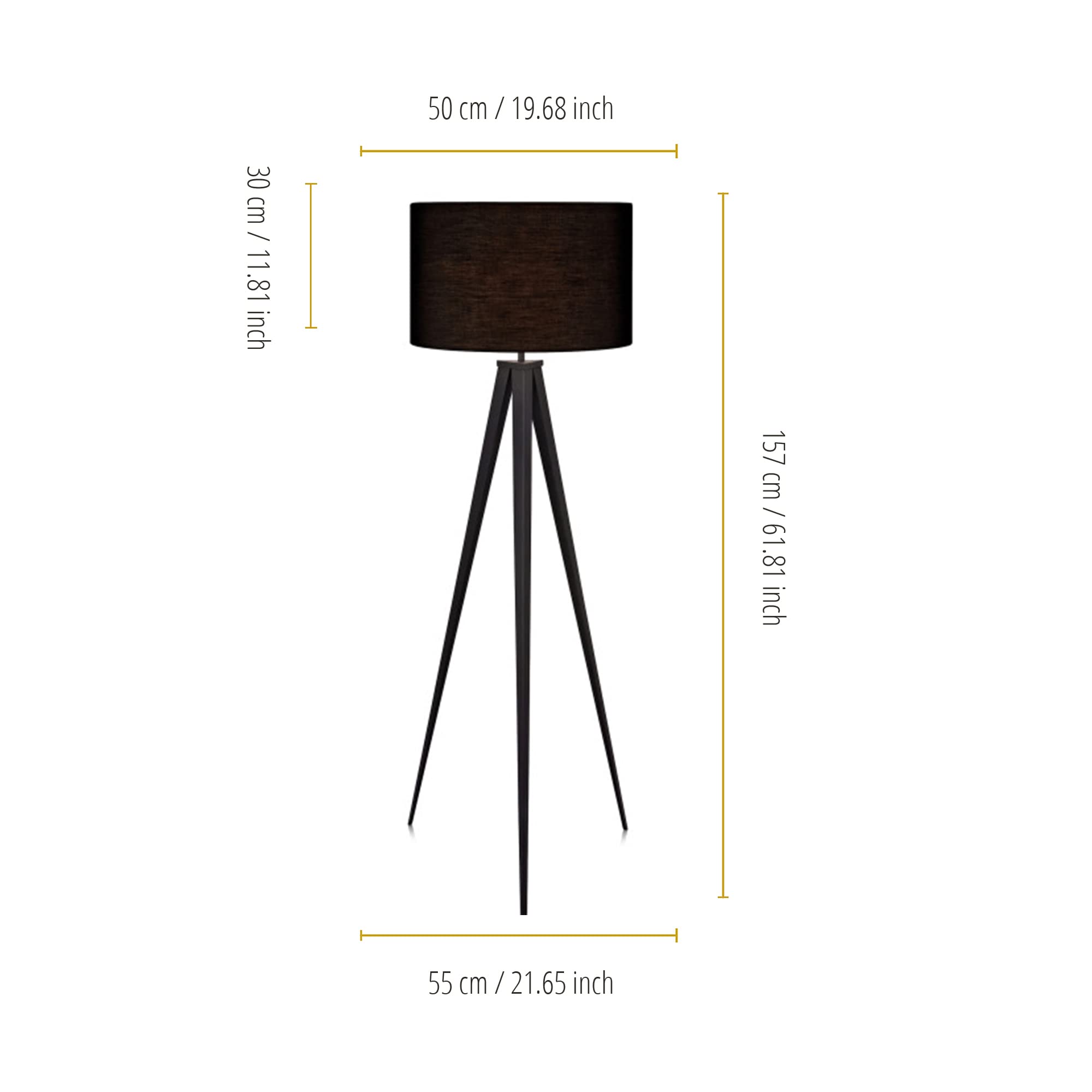 Teamson Home LED Tripod Floor Lamp, 60in Height, Metal, Black, Model VN-L00006, Drum Shade for Living Room, Study, Bedroom, Home Office