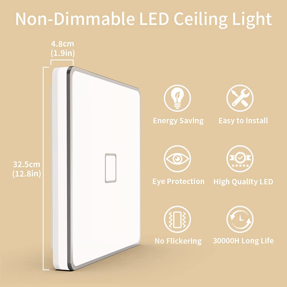 Airand Led Ceiling Light Flush Mount 24W 12.6 Inch Square Led Ceiling Lamp With 240Pcs Led Chips Without Flicker, 2050 Lumens, I