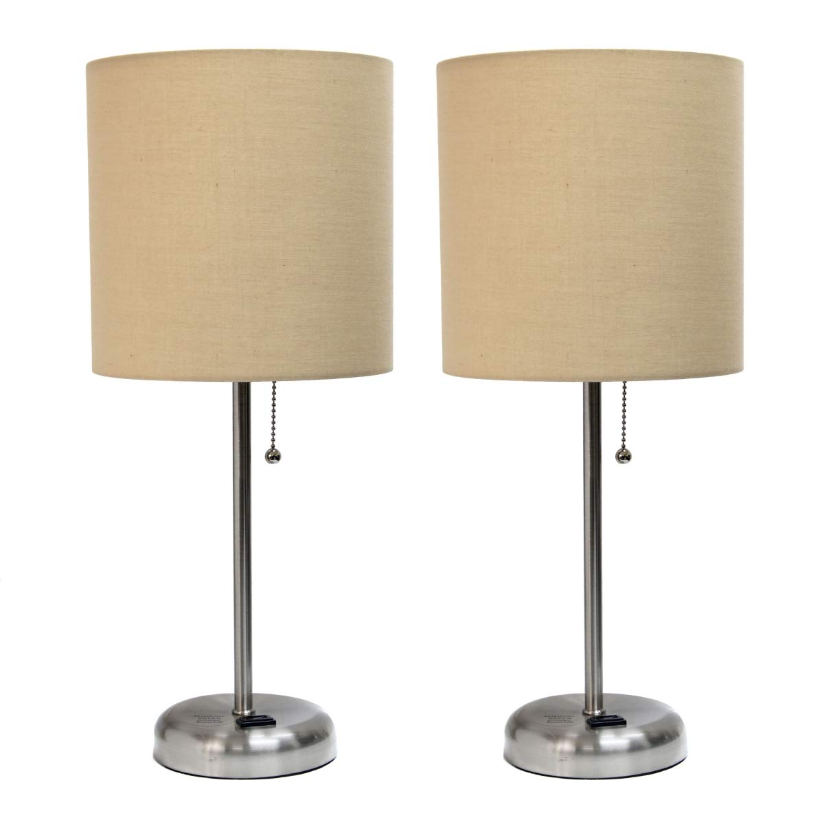 Limelights LC2001-TAN-2PK Brushed Steel Stick Table Lamp with Charging Outlet & Fabric Shade44; Tan - Set of 2