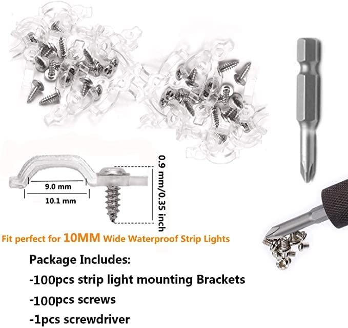 100 Pack Strip Light Mounting Bracket,Transparent Fixing Clips For 10Mm Wide Ip65 Waterproof 5050 Led Strip Light,One Side Fixin