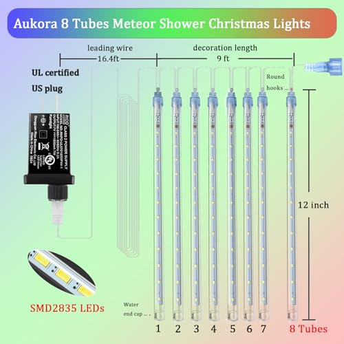 Aukora Led Meteor Shower Lights, 8 Tubes 192 Leds, 26.9Ft White Icicle Lights For Christmas, Weddings, Outdoor Decoration - Model Au-Fa-001
