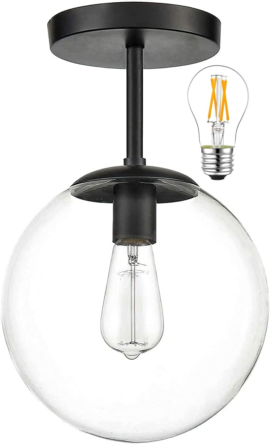 Globe Semi Flush Mount Ceiling Light, Clear Glass with Matte Black Finish, Mid Century Modern Light Fixture Ceiling, Hallway Liv