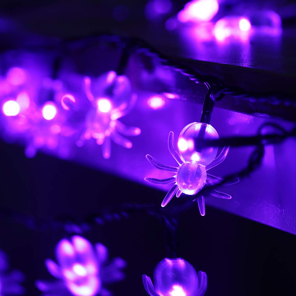RECESKY 2 Pack Purple Spider String Lights, 80 LED, 28Ft, Battery Operated, Halloween Decor, Model HALLOSPD-P