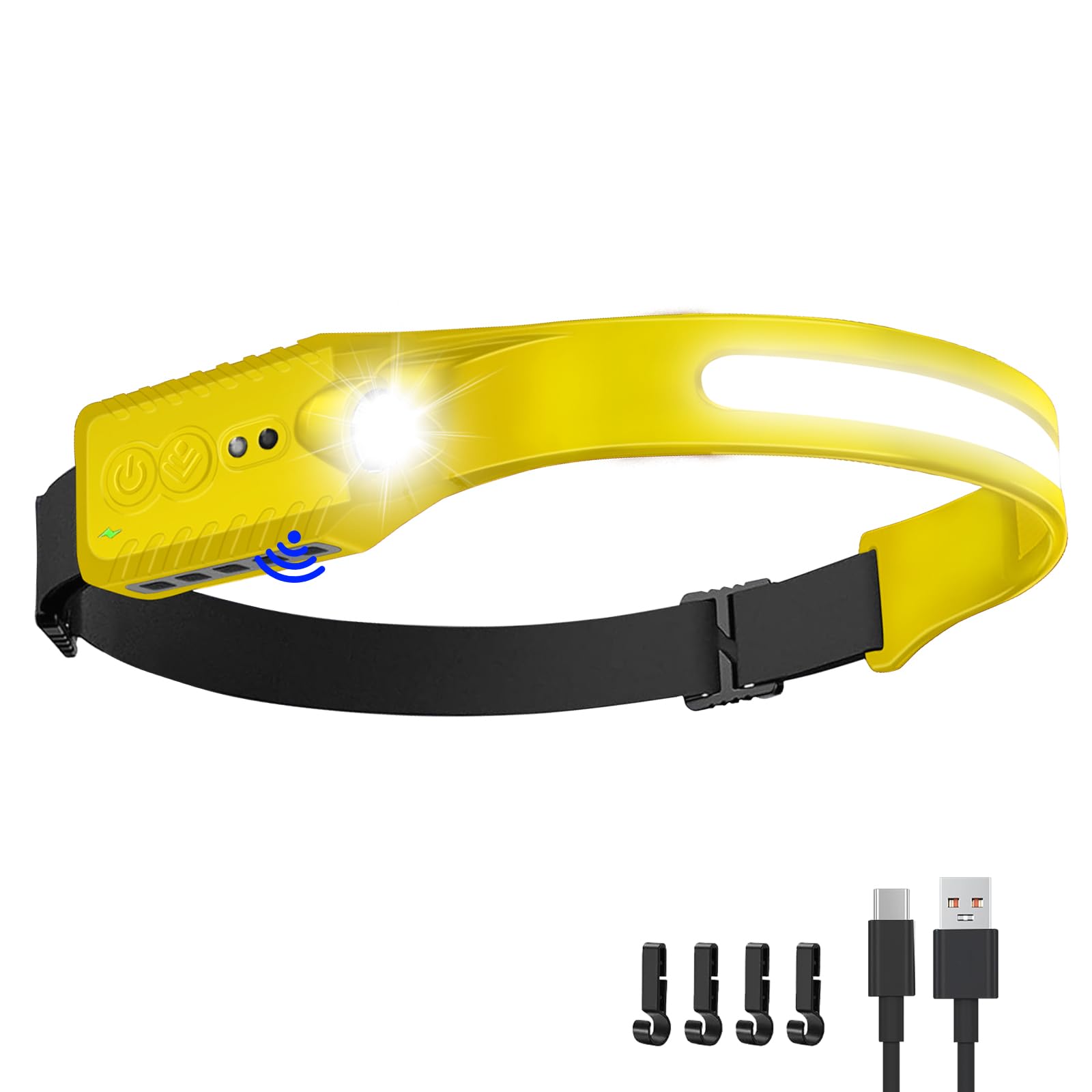 Nessciera Rechargeable LED Headlamp  400 Lumens  230 Wide Beam  USB-C  IPX4  5 Modes - Lightweight  Adjustable Headband; Hard Hat Clips for Camping  Hiking  Running  Repairs & Gift (1  Yellow)