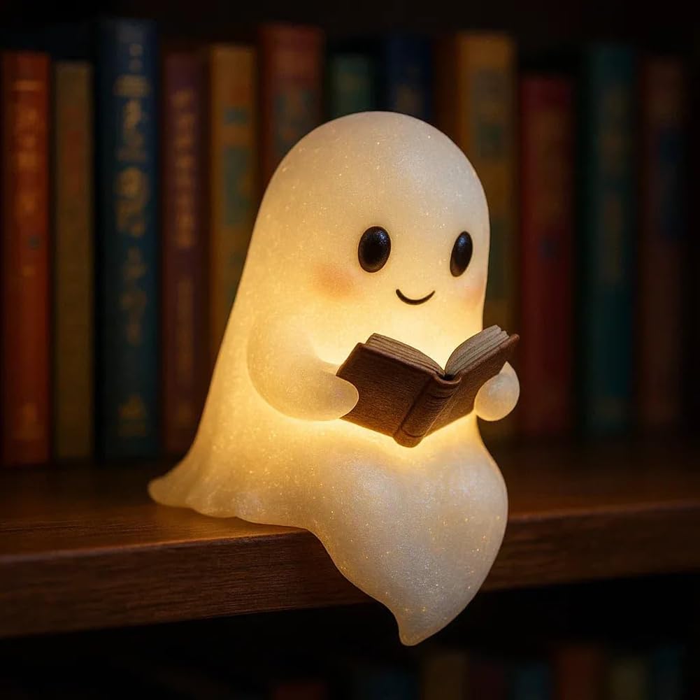 XUANDOH Ghost Reading Book Lamp, Ghost Lamp Halloween Cute 3D LED Night Light, Light Up Ghost Statue Night Light House Mantel De