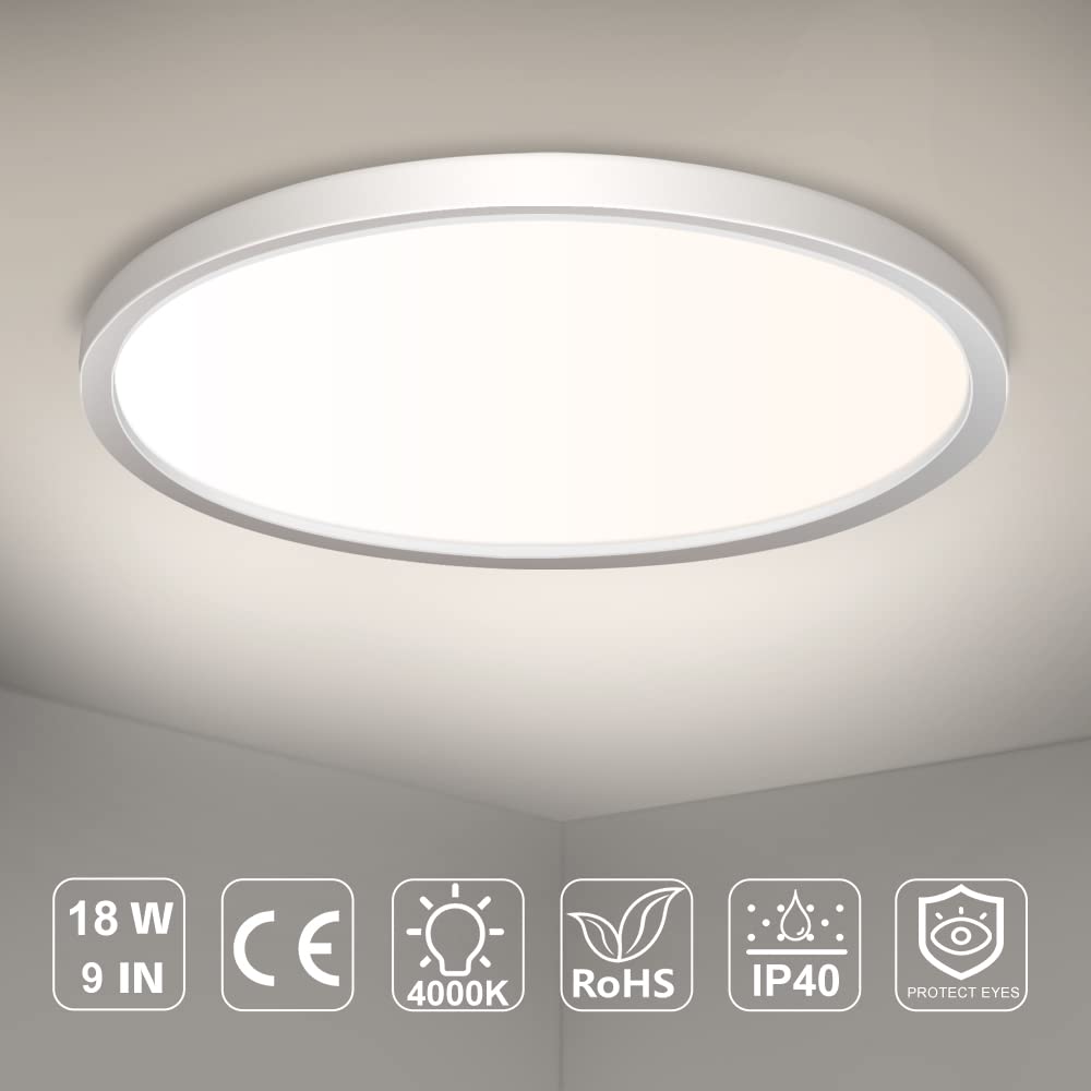 inShareplus 9 Inch LED Flush Mount Ceiling Light, Nature White, 18W Slim Design for Living Room, Bathroom, Kitchen