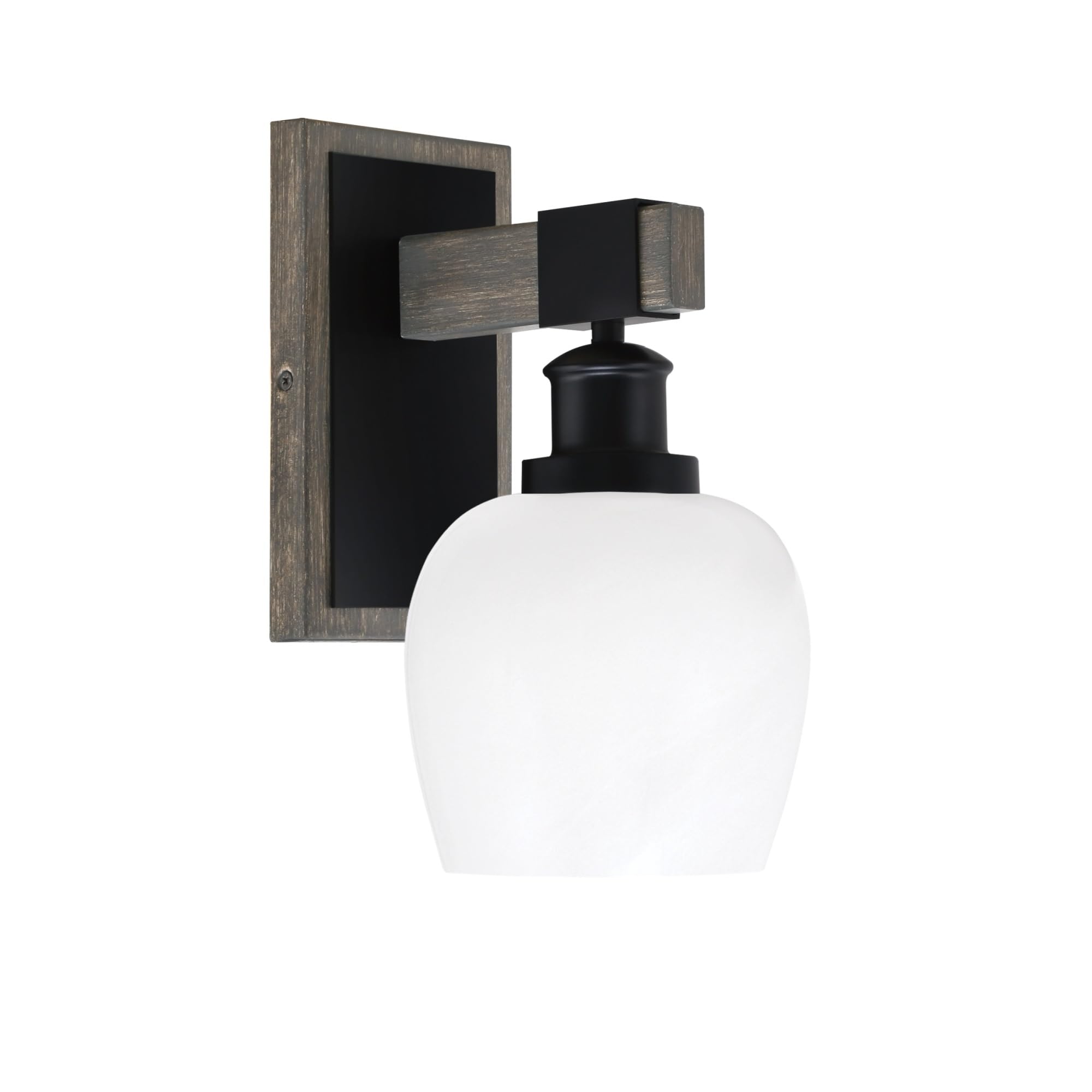 Toltec Lighting Tacoma Light Wall Sconce - Matte Black & Distressed Wood Finish, 6in White Marble Glass