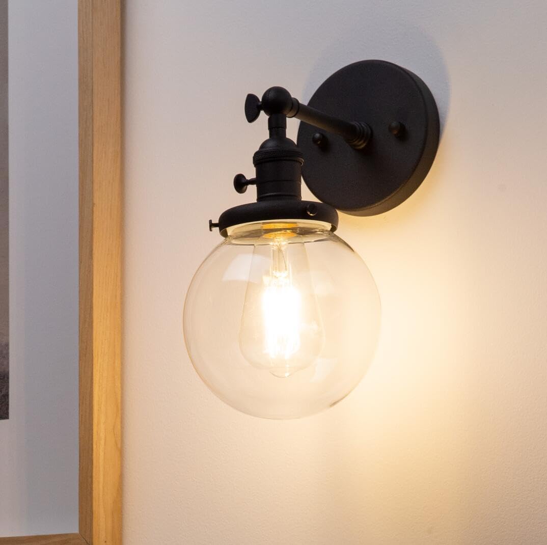 Permo Vintage Industrial Wall Sconce Lighting Fixture With 5.9 Round Clear Glass Globe Hand Blown Shade (Black)