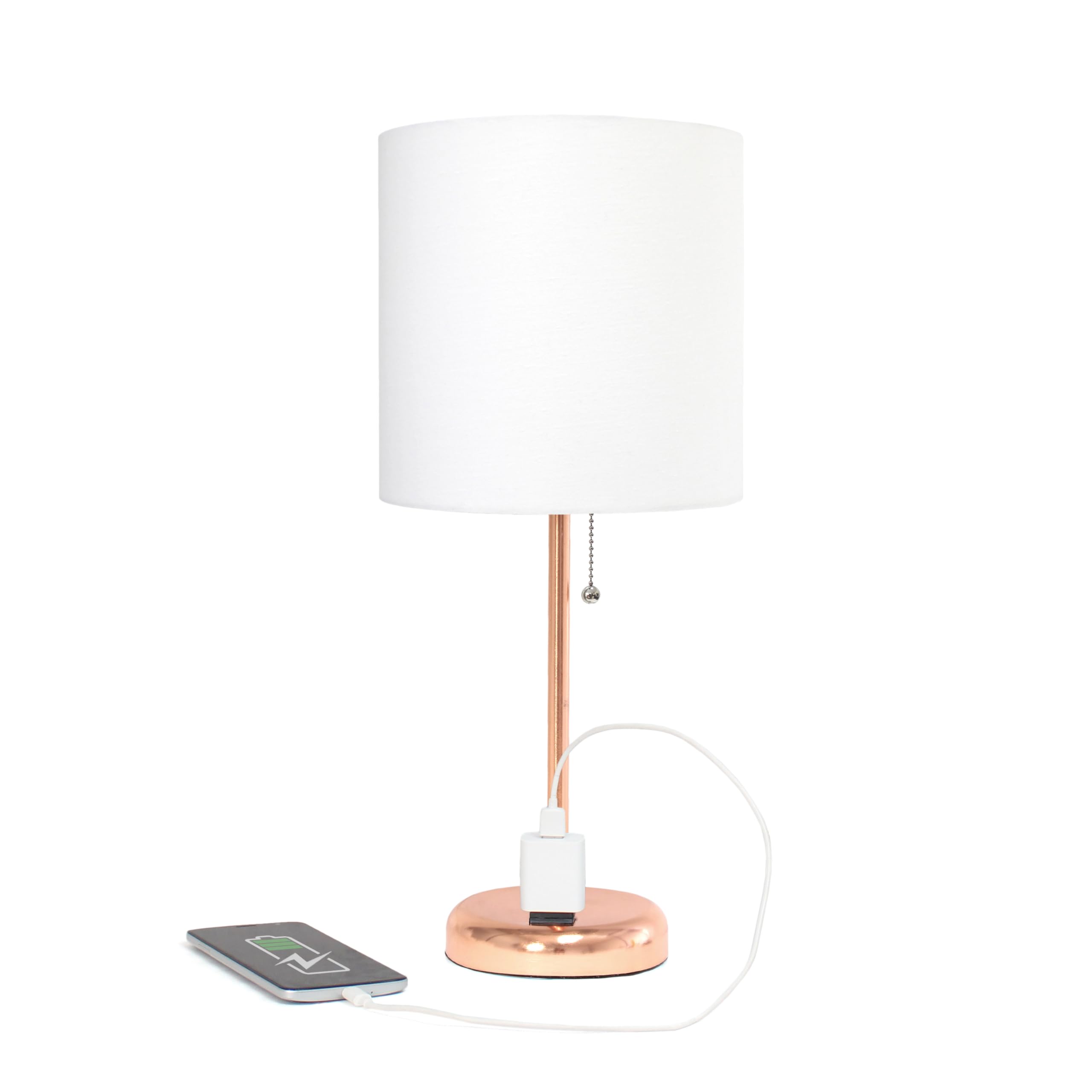 Simple Designs LT1144-RGD Sleek and Slender Rose Gold Table Lamp with Charging Outlet, for Bedroom, Living Room, Entryway, Office, Dining Room, Study, White Shade