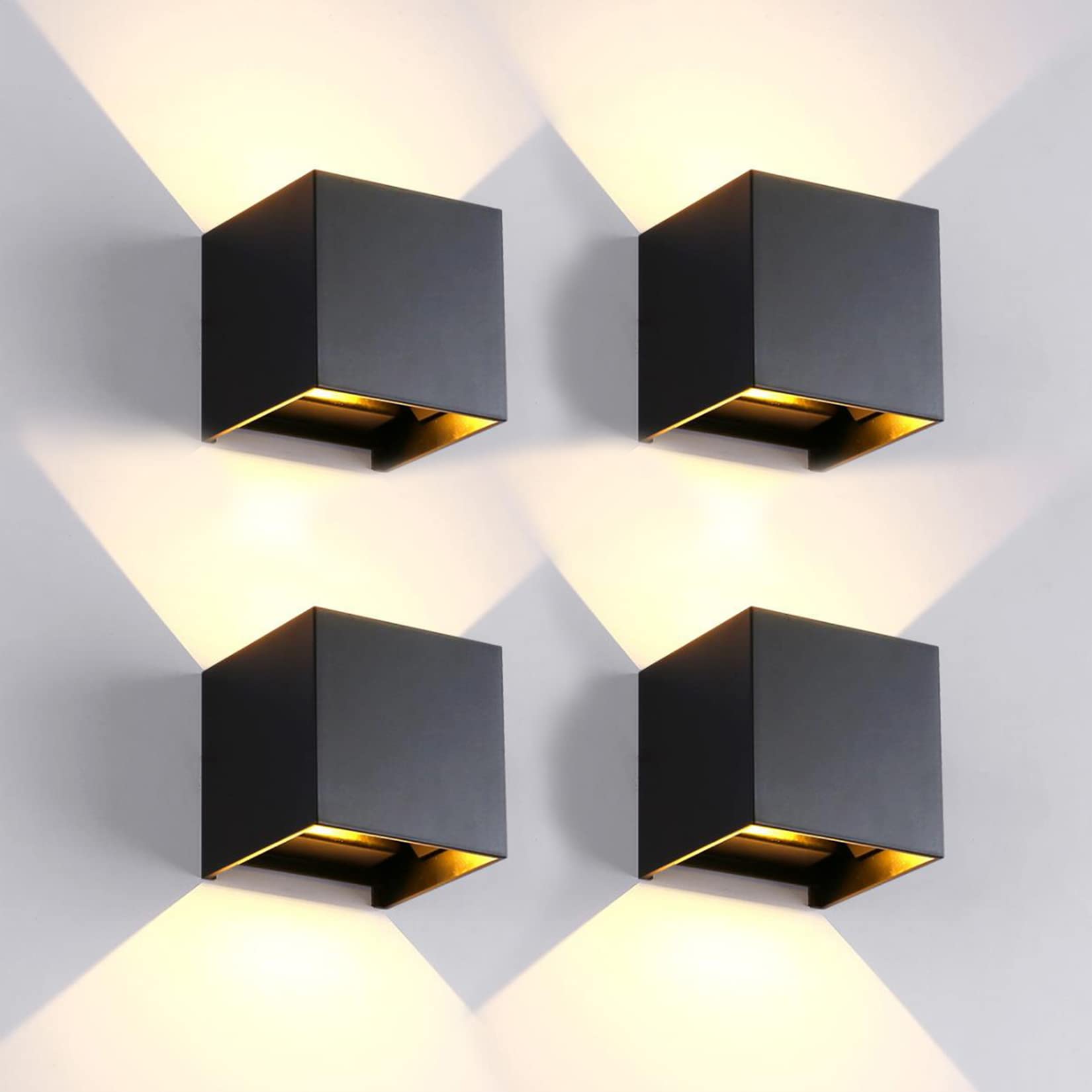 Mille Lucciole 4 Pack Outdoor Wall Lights Exterior/Interior Led Wall Sconces Ip65 Waterproof Square Aluminum Wall Lamps Outdoor Lighting Fixture Up And Down Lights Modern Black 12W 3000K Warm Lights