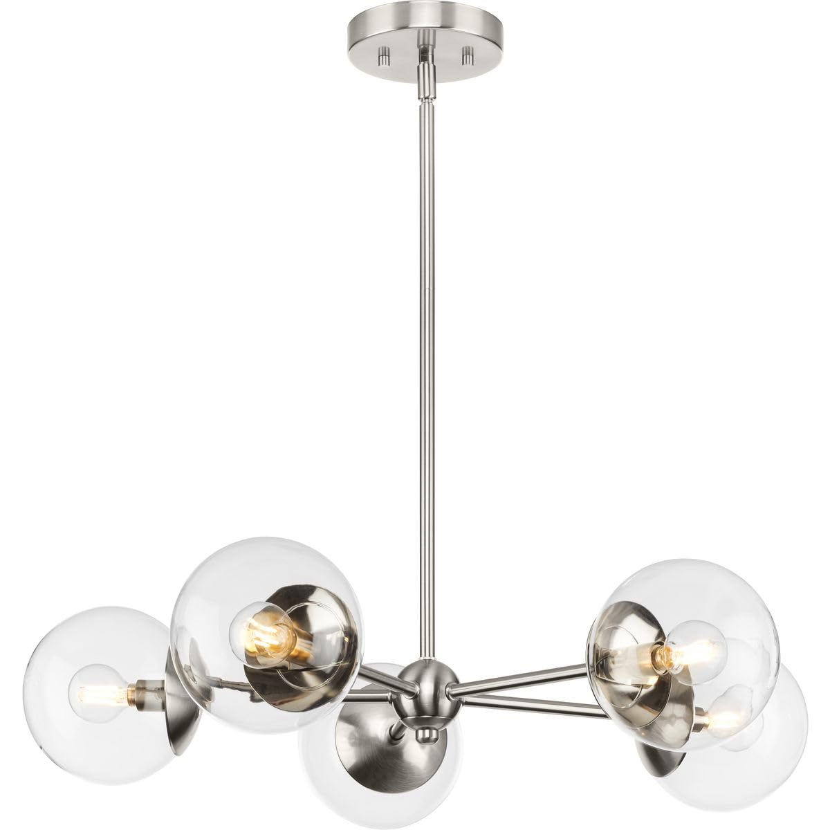 Progress Lighting P400325-009 Atwell Collection 28 In. Five-Light Brushed Nickel Mid-Century Modern Chandelier With Clear Glass 