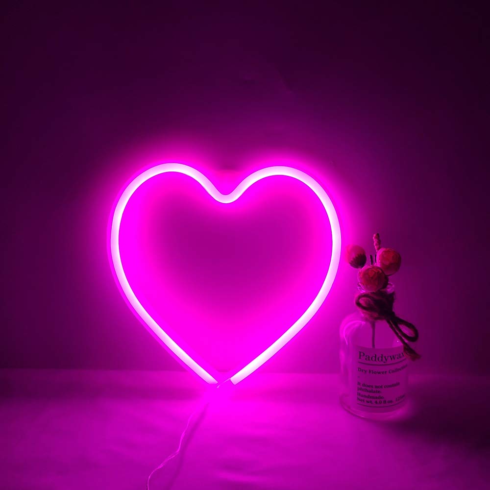 NiniTe LIGHTS Heart LED Neon Light, USB/Battery Powered Pink Love Shaped Neon Sign Lamp, Decorative Night Light Wall Decor for B
