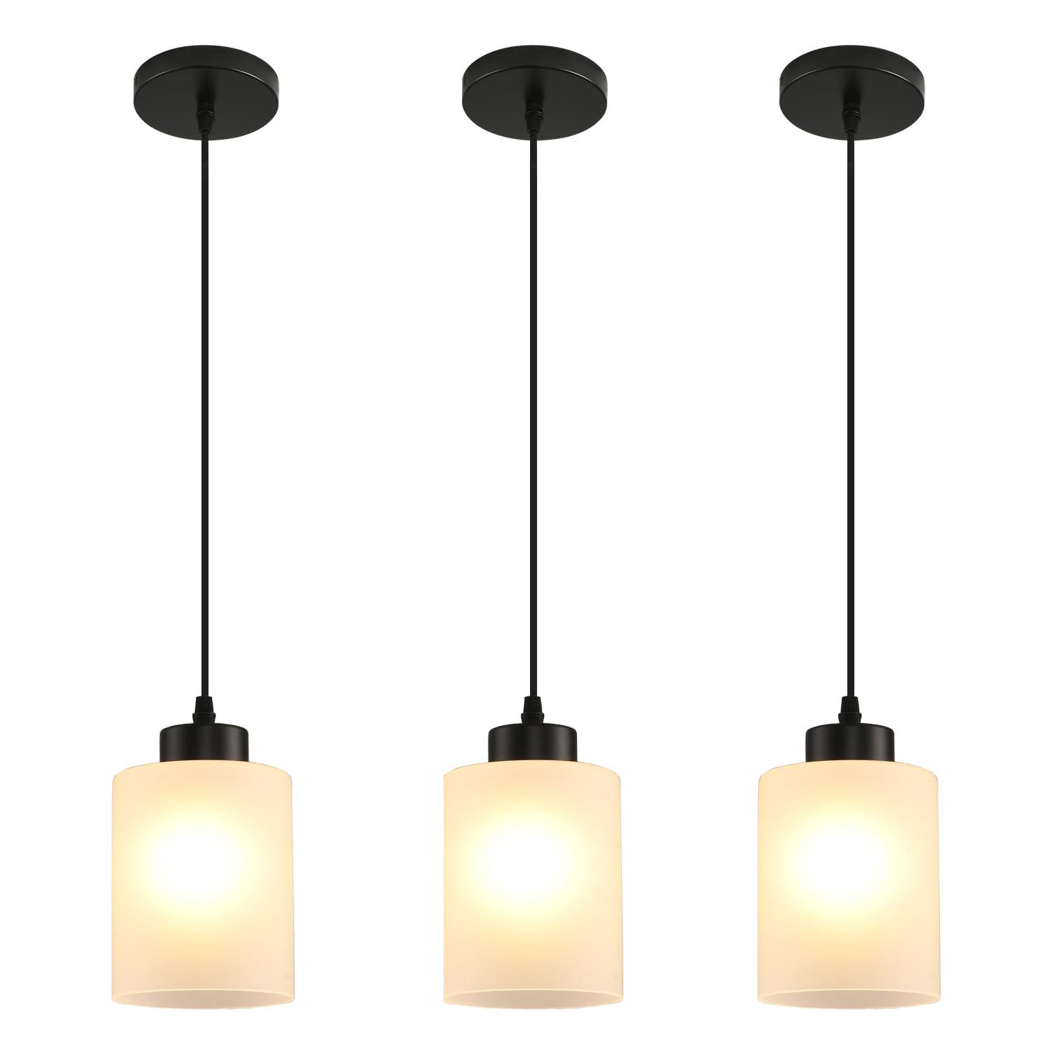 CAFULAM Modern Black Farmhouse Pendant Light, Glass Shade, Adjustable, 3 Pack, Milk Glass Black