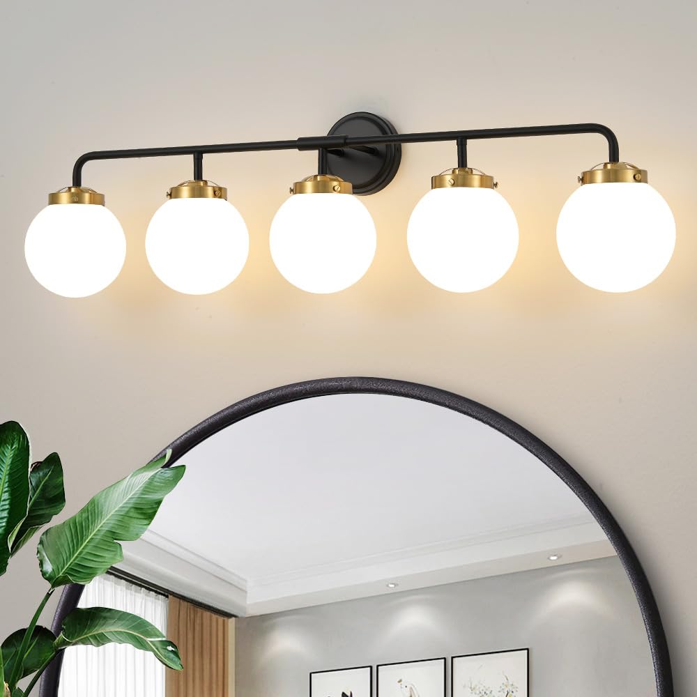 Deyidn Black Gold Bathroom Light Fixtures Over Mirror, Modern Vanity Lighting With Milk White Glass Globe Shades 5-Light Farmhou