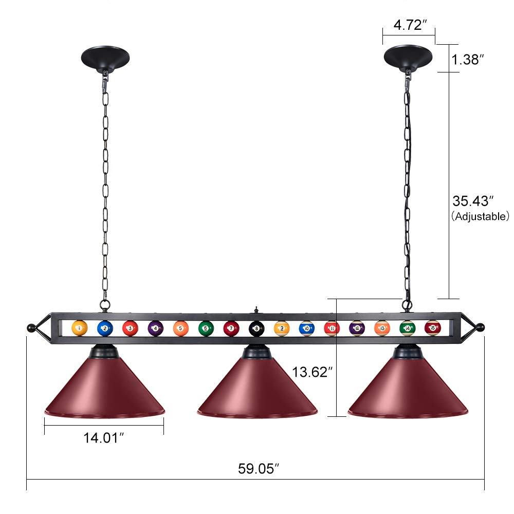 Wellmet Billiard Pool Table Light, 3 Lights, 59in Metal Fixture, Red, Model CHL-002-light-Red 02