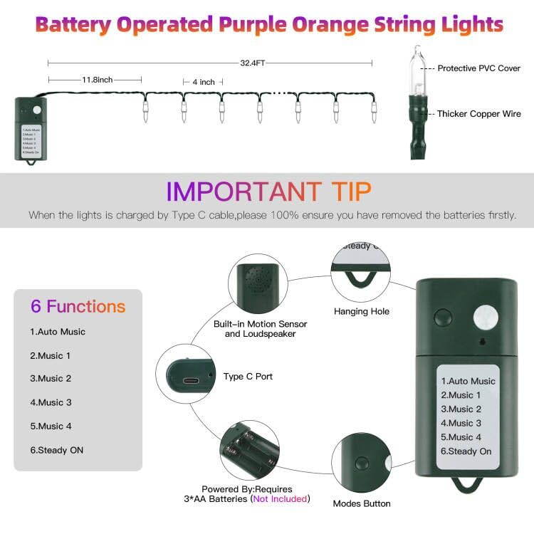 Tcamp Halloween String Lights, 33FT 100 LED, Motion Activated, Orange Purple, Model QL300AE, Music Sync, 6 Lighting Modes