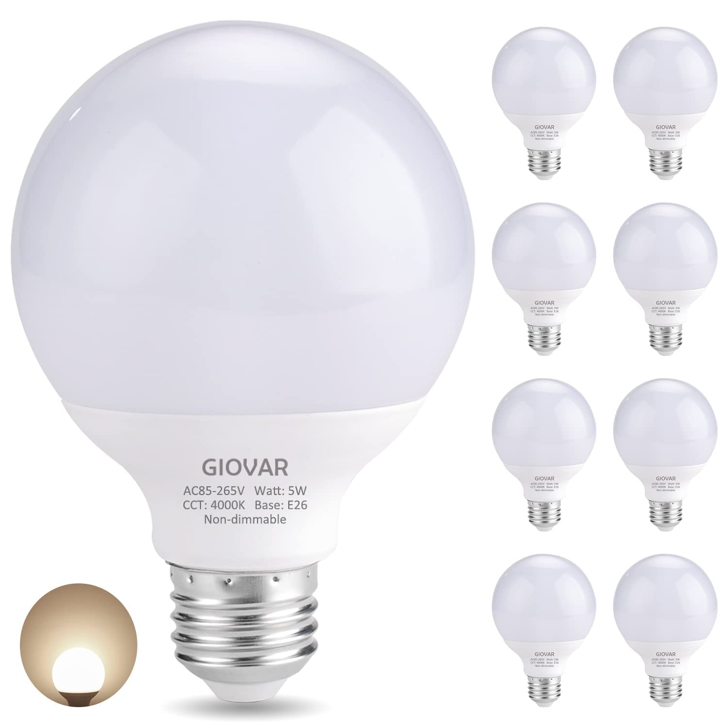 Giovar 8-Pack Led Bathroom Light Bulbs, 4000K Natural White Night Light Bulb, Non Dimmable Makeup Mirror Lights For Bedroom, E26