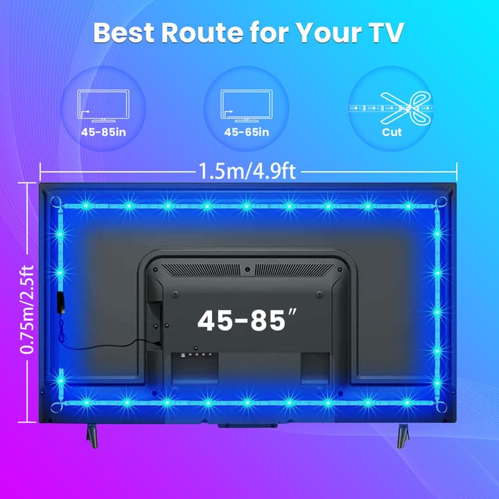 VOLIVO LED Strip Lights 16.4ft RGB USB Powered Backlight for 75-85 Inch TV, Multicolor, Model VTV5WILSL